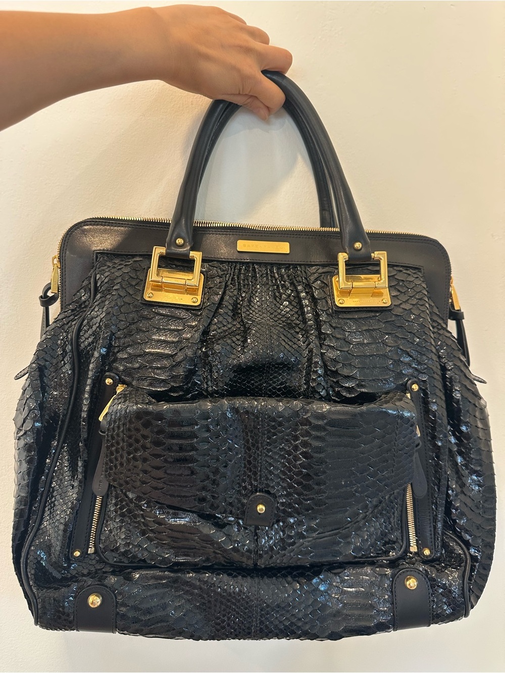 Barbara Bui Black Python-Effect Satchel with Gold Hardware
